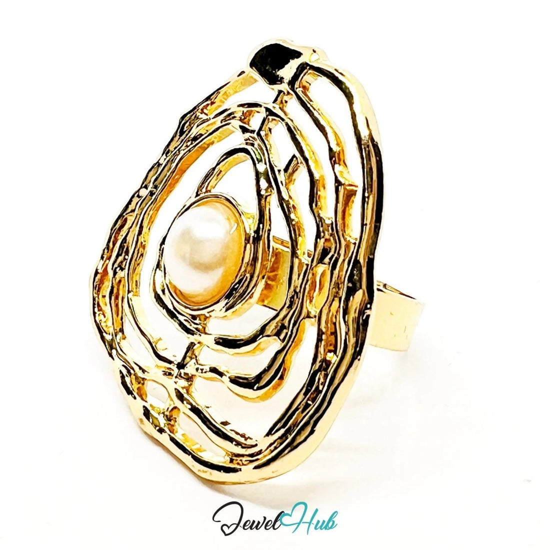 Ripple Pearl Ring – Adjustable Gold - Plated N–Q with Sculptural Setting for Poetic Clarity - JewelHub.co.uk