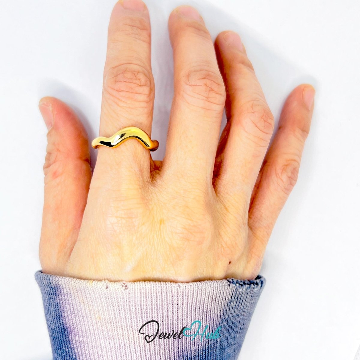 RippleBand Gold - Plated Zinc Ring · Wavy Sculptural Open Band - JewelHub.co.uk