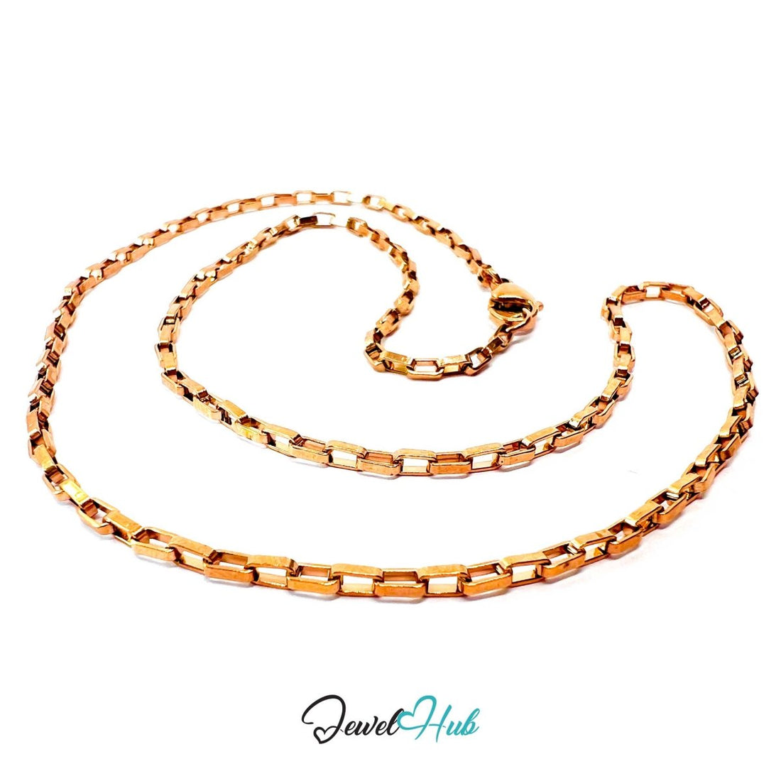 Rose Gold Stainless Steel Rectangular Box Chain Necklace 2×3.5mm | 45cm or 60cm - JewelHub.co.uk
