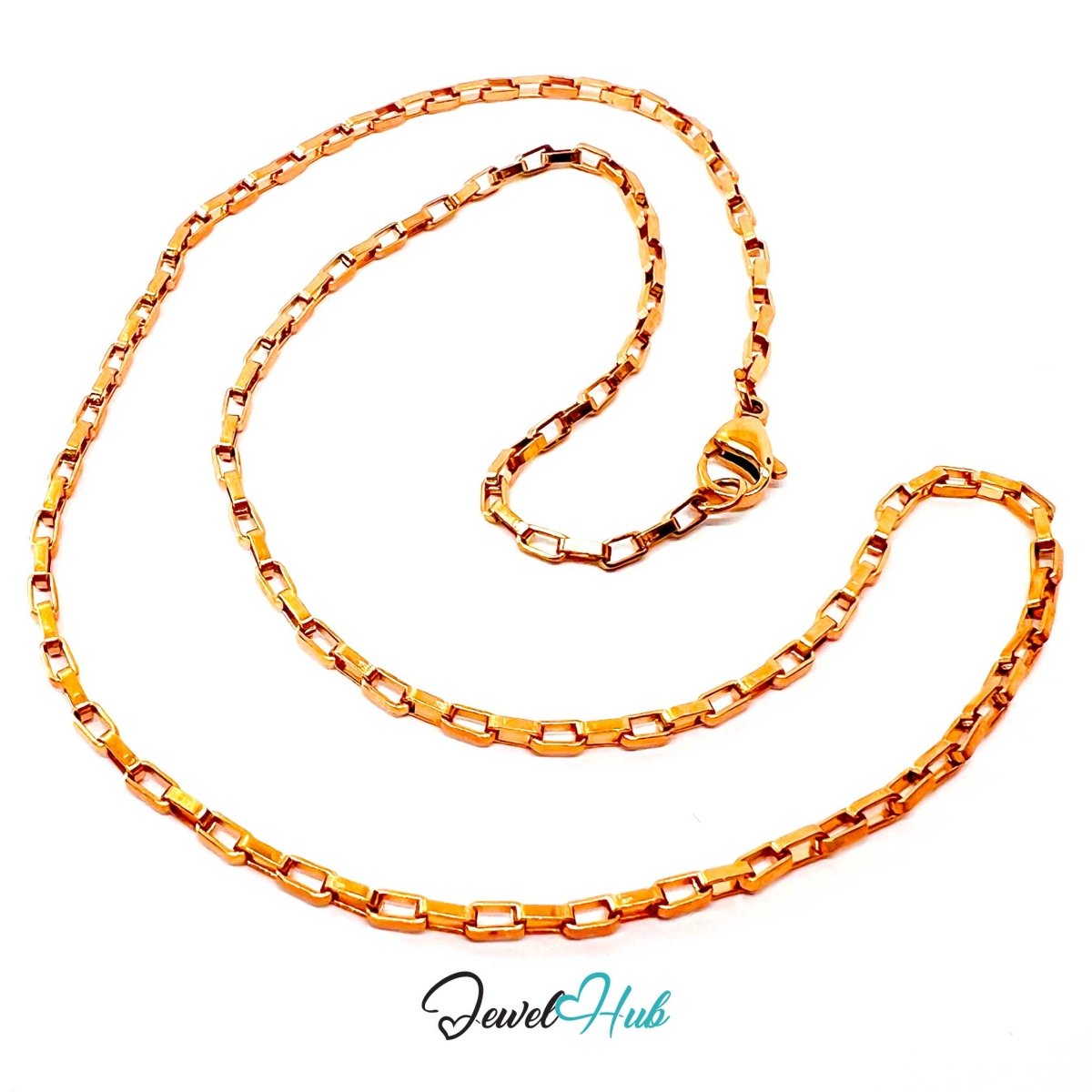 Rose Gold Stainless Steel Rectangular Box Chain Necklace 2×3.5mm | 45cm or 60cm - JewelHub.co.uk