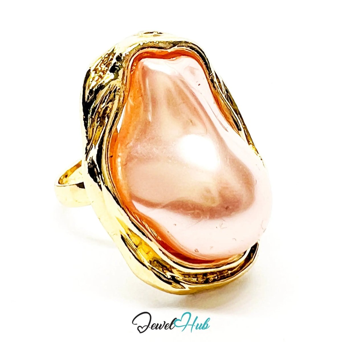 Rose Pink Pearl Ring – Adjustable Gold - Plated M–P with Sculptural Setting for Poetic Warmth - JewelHub.co.uk
