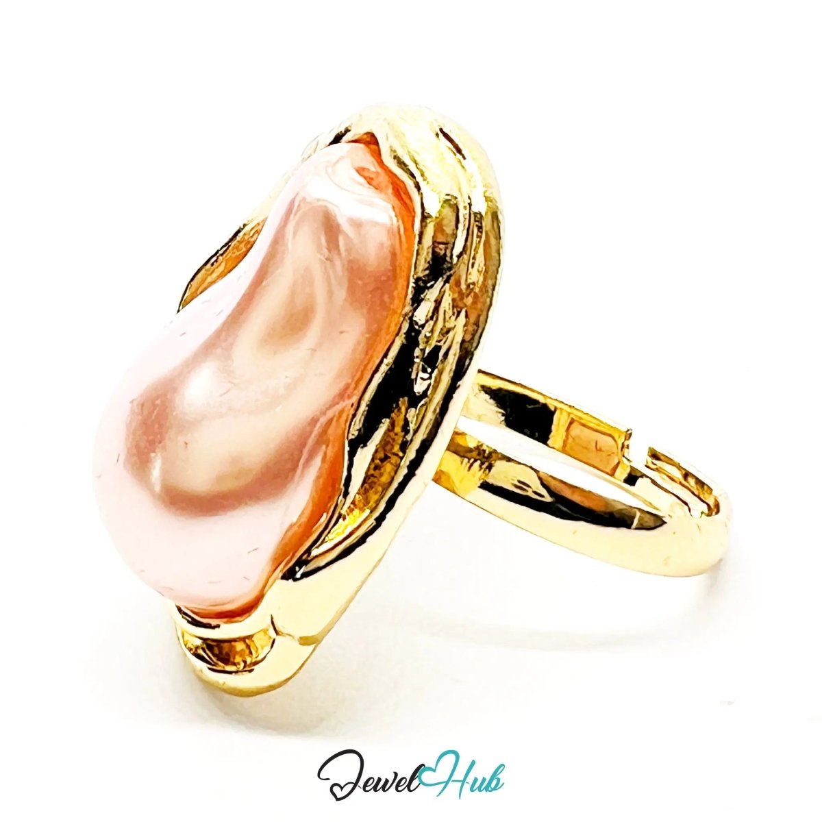 Rose Pink Pearl Ring – Adjustable Gold - Plated M–P with Sculptural Setting for Poetic Warmth - JewelHub.co.uk