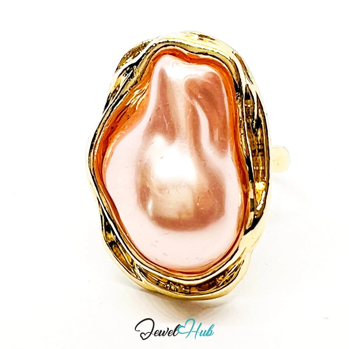 Rose Pink Pearl Ring – Adjustable Gold - Plated M–P with Sculptural Setting for Poetic Warmth - JewelHub.co.uk