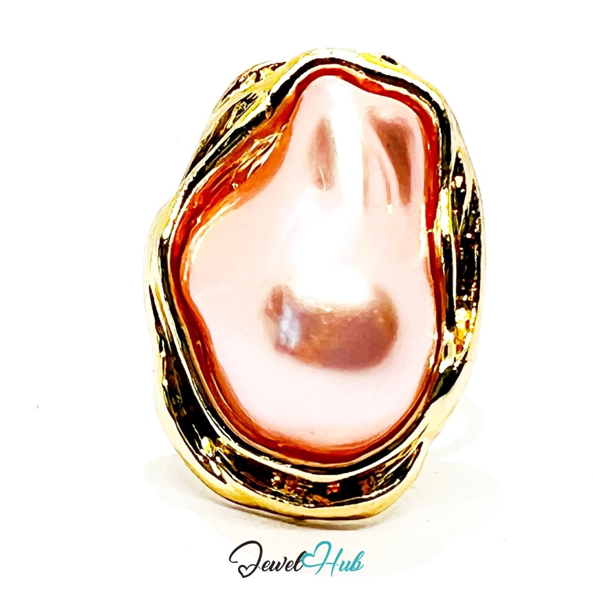 Rose Pink Pearl Ring – Adjustable Gold - Plated M–P with Sculptural Setting for Poetic Warmth - JewelHub.co.uk