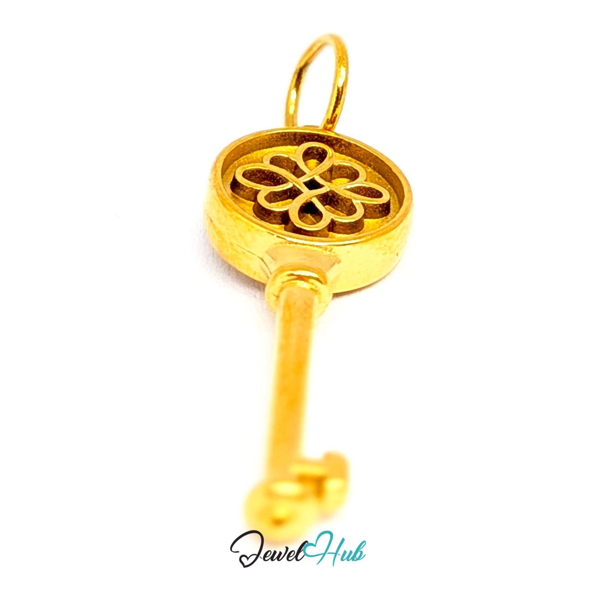 Round openwork key charm in gold stainless steel - angled view - JewelHub