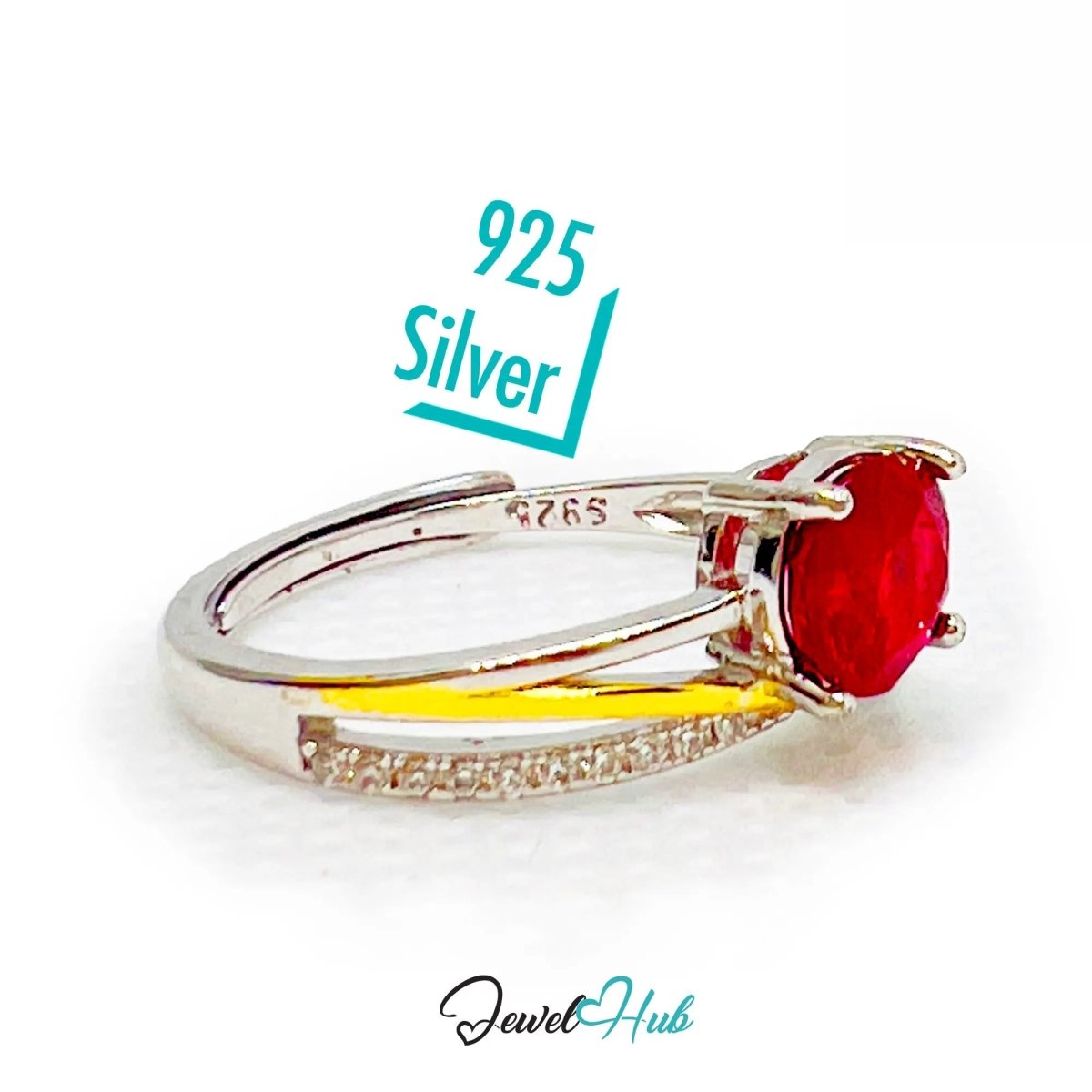 Ruby Silver Ring with Gold - Toned Accents | Adjustable 925 Sterling Statement Ring - JewelHub.co.uk
