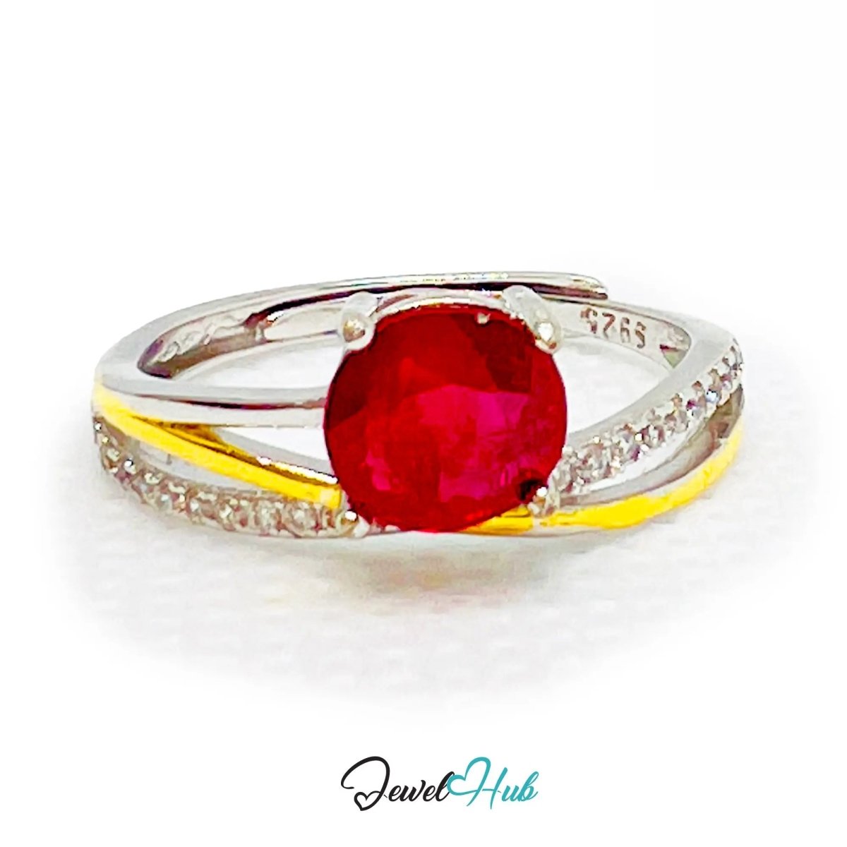 Ruby Silver Ring with Gold - Toned Accents | Adjustable 925 Sterling Statement Ring - JewelHub.co.uk