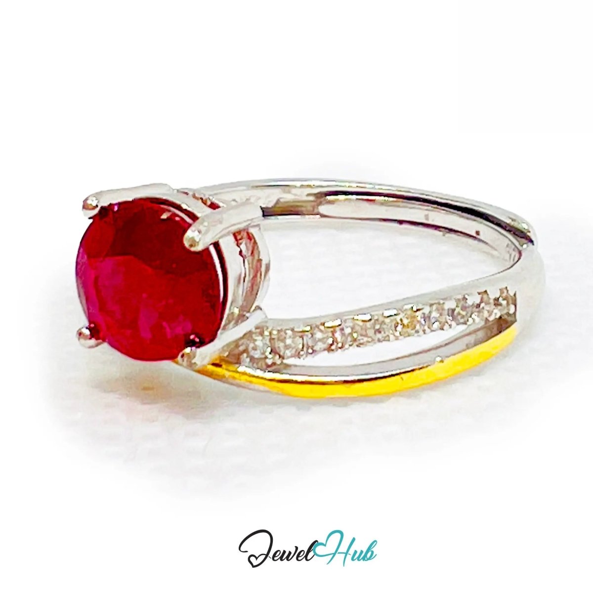 Ruby Silver Ring with Gold - Toned Accents | Adjustable 925 Sterling Statement Ring - JewelHub.co.uk