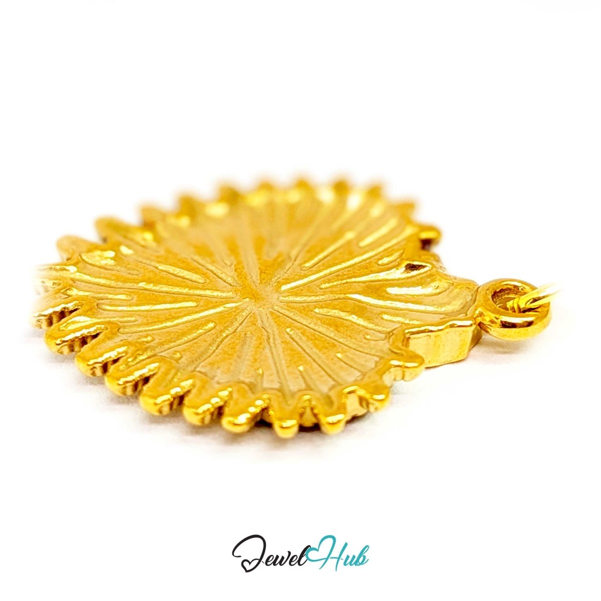 Sacred Heart Evil Eye charm, gold stainless steel - turned to the gold sunburst reverse - JewelHub
