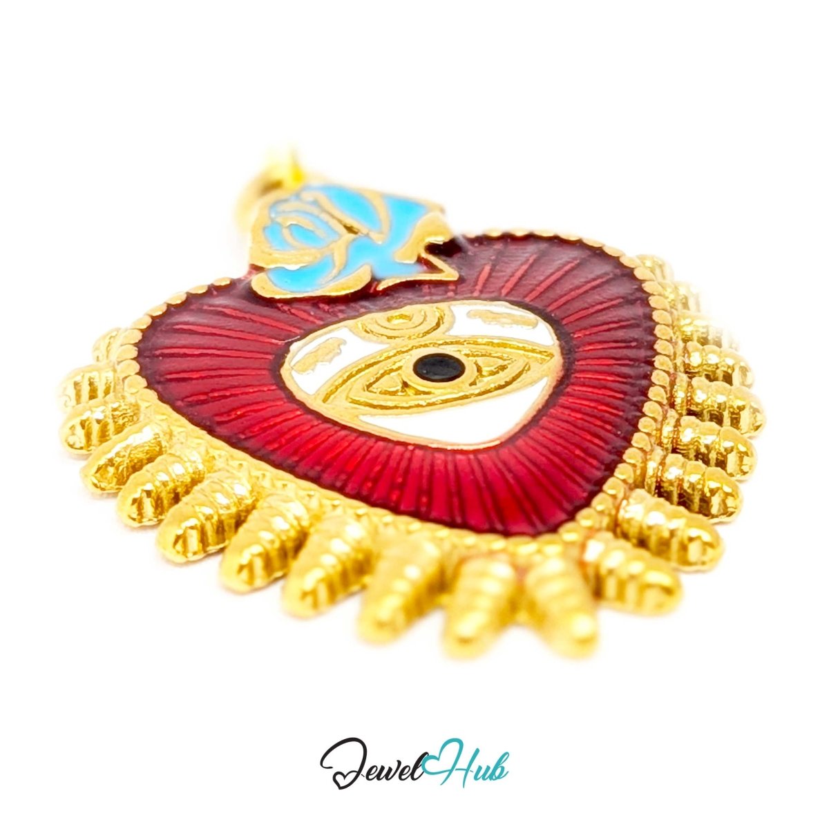 Sacred Heart Evil Eye charm tilted, gold stainless steel - the enamel colours and gold flame rays - JewelHub