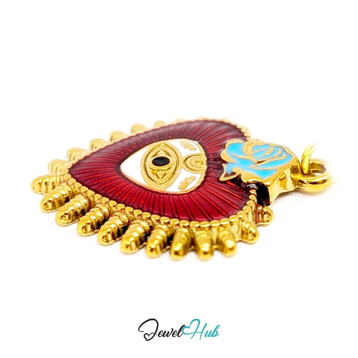 Sacred Heart Evil Eye charm at an angle, gold stainless steel - the enamel colours and gold flame rays - JewelHub