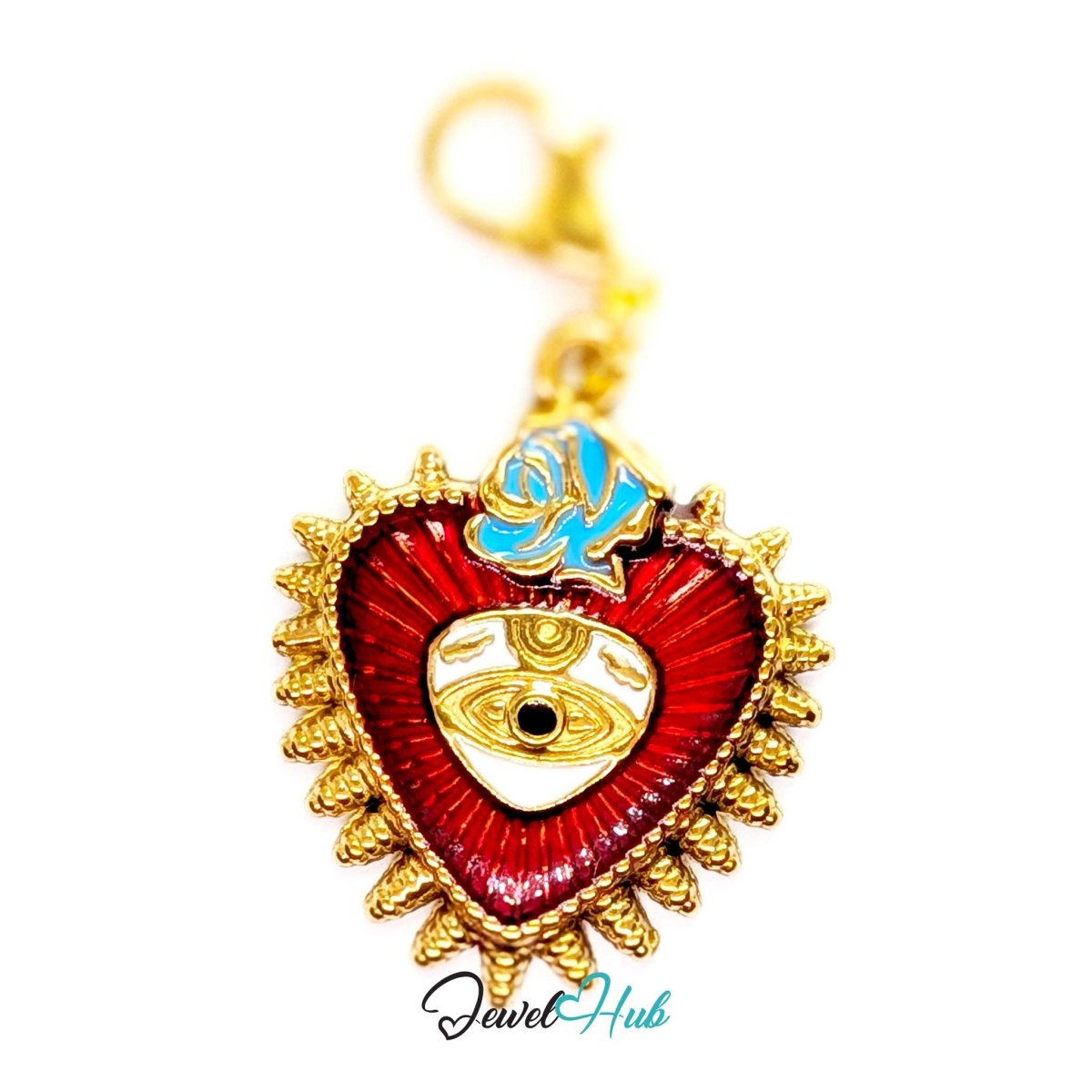 Sacred Heart Evil Eye charm, gold stainless steel, fitted with a lobster clasp to clip straight on - JewelHub