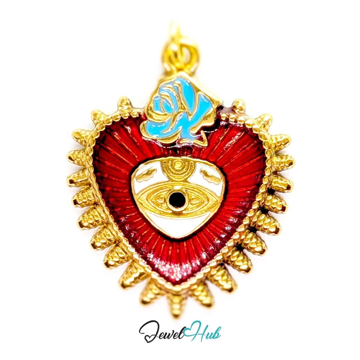 Sacred Heart Evil Eye charm, gold stainless steel - red enamel heart in a gold flame border, eye at the centre - JewelHub