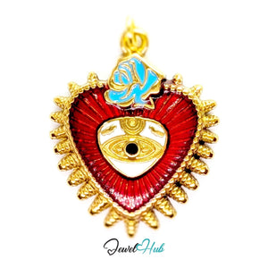 Sacred Heart Evil Eye charm, gold stainless steel - red enamel heart in a gold flame border, eye at the centre - JewelHub