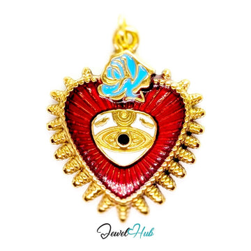 Sacred Heart Evil Eye charm, gold stainless steel - red enamel heart in a gold flame border, eye at the centre - JewelHub