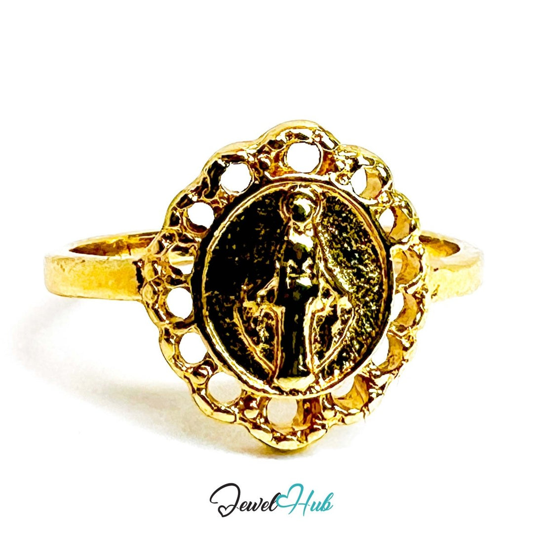 Sacred Mary Gold - Plated Ring – Filigree Ornate Spiritual Frame - JewelHub.co.uk