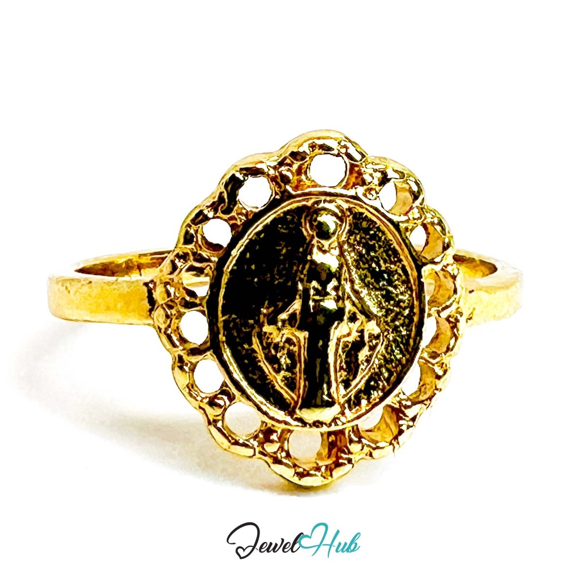 Sacred Mary Gold - Plated Ring – Filigree Ornate Spiritual Frame - JewelHub.co.uk