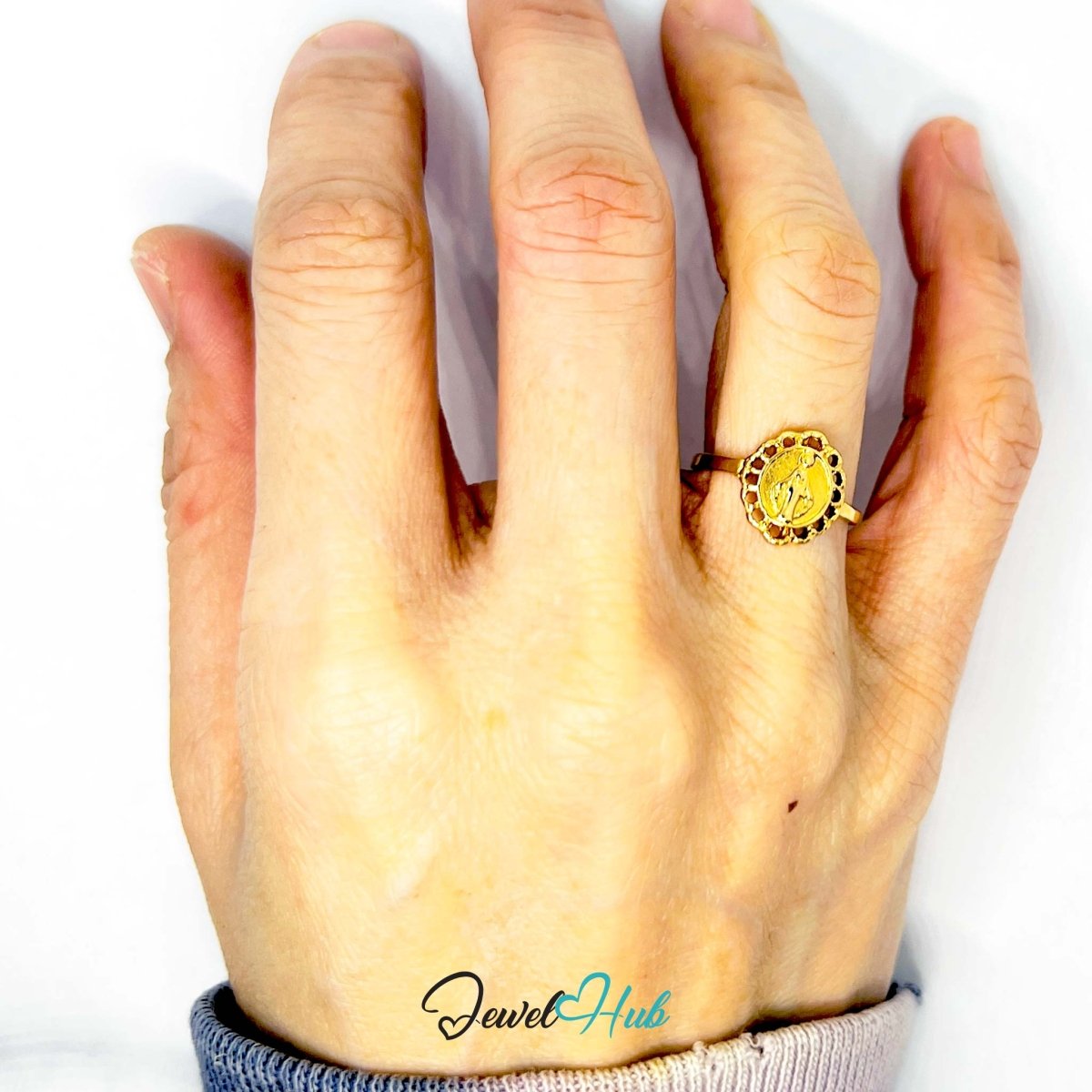 Sacred Mary Gold - Plated Ring – Filigree Ornate Spiritual Frame - JewelHub.co.uk