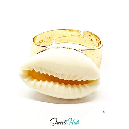SeaShell Ring – Cowrie Shell Elegance Adjustable O–Q in Gold - Plated Zinc Alloy - JewelHub.co.uk