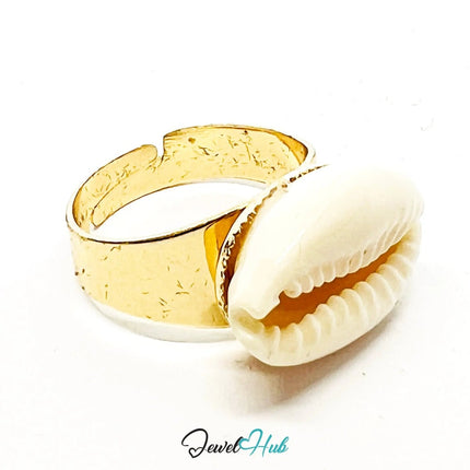 SeaShell Ring – Cowrie Shell Elegance Adjustable O–Q in Gold - Plated Zinc Alloy - JewelHub.co.uk