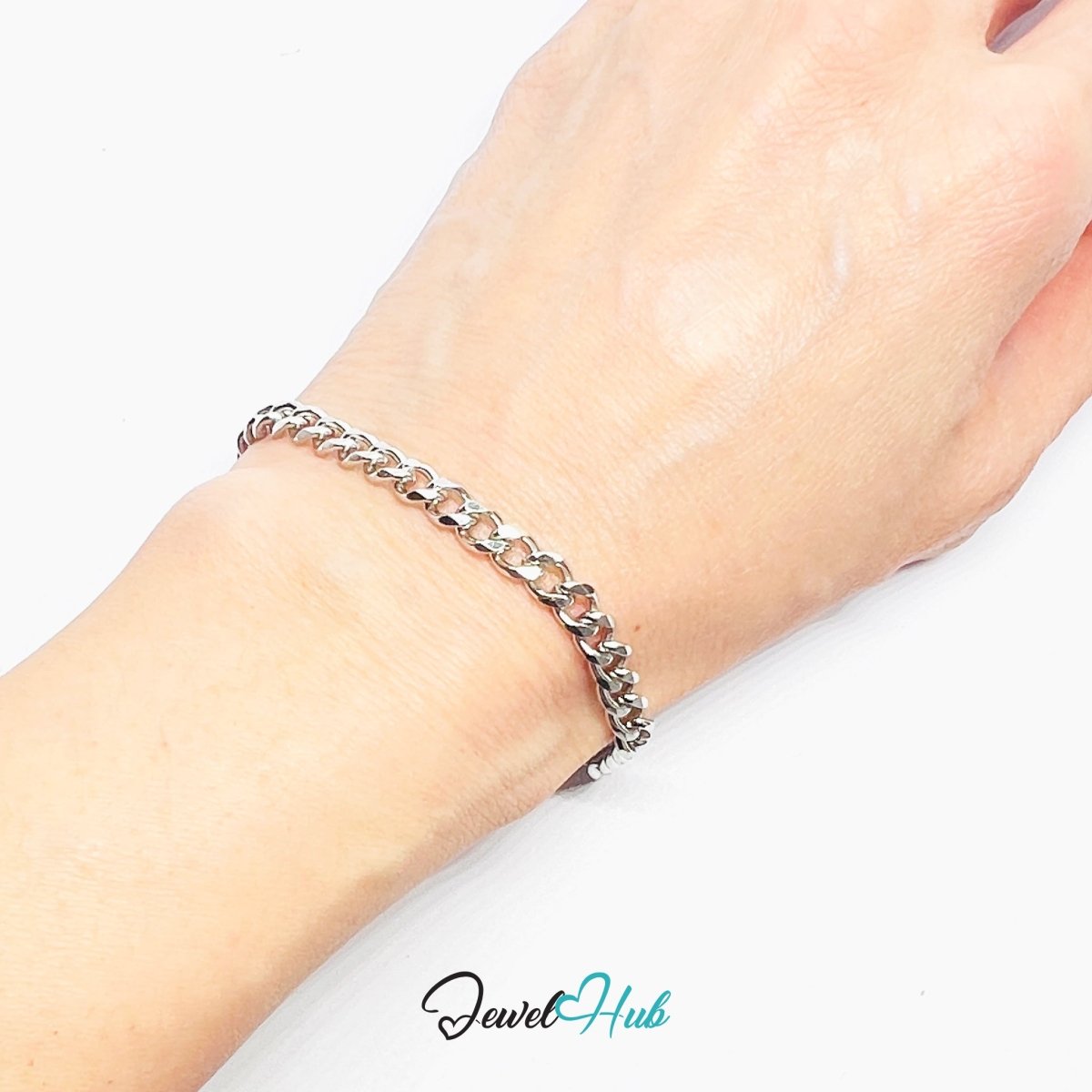 Silver 304 Stainless Steel Curb Chain Bracelet – 5mm Minimalist Unisex Design - JewelHub.co.uk