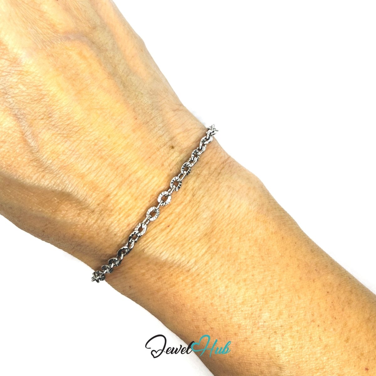 Silver 316L Stainless Steel Floral Link Bracelet – 3.1mm Delicate Sculptural Design - JewelHub.co.uk