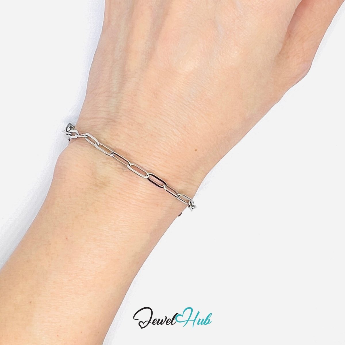 Silver 316L Stainless Steel Paper Clip Bracelet – 3mm Modern Oval‑Link Chain - JewelHub.co.uk