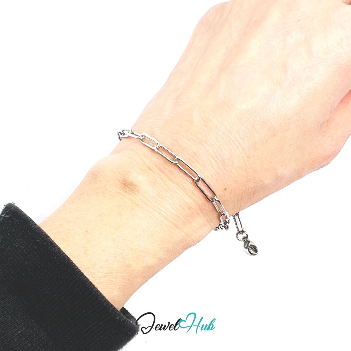 Silver 316L Stainless Steel Paper Clip Bracelet – 4mm Modern Oval‑Link Chain - JewelHub.co.uk
