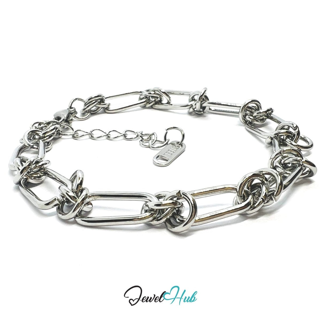 Silver 316L Stainless Steel Paper Clip Knot Bracelet – 7mm Bold Modern Chain - JewelHub.co.uk