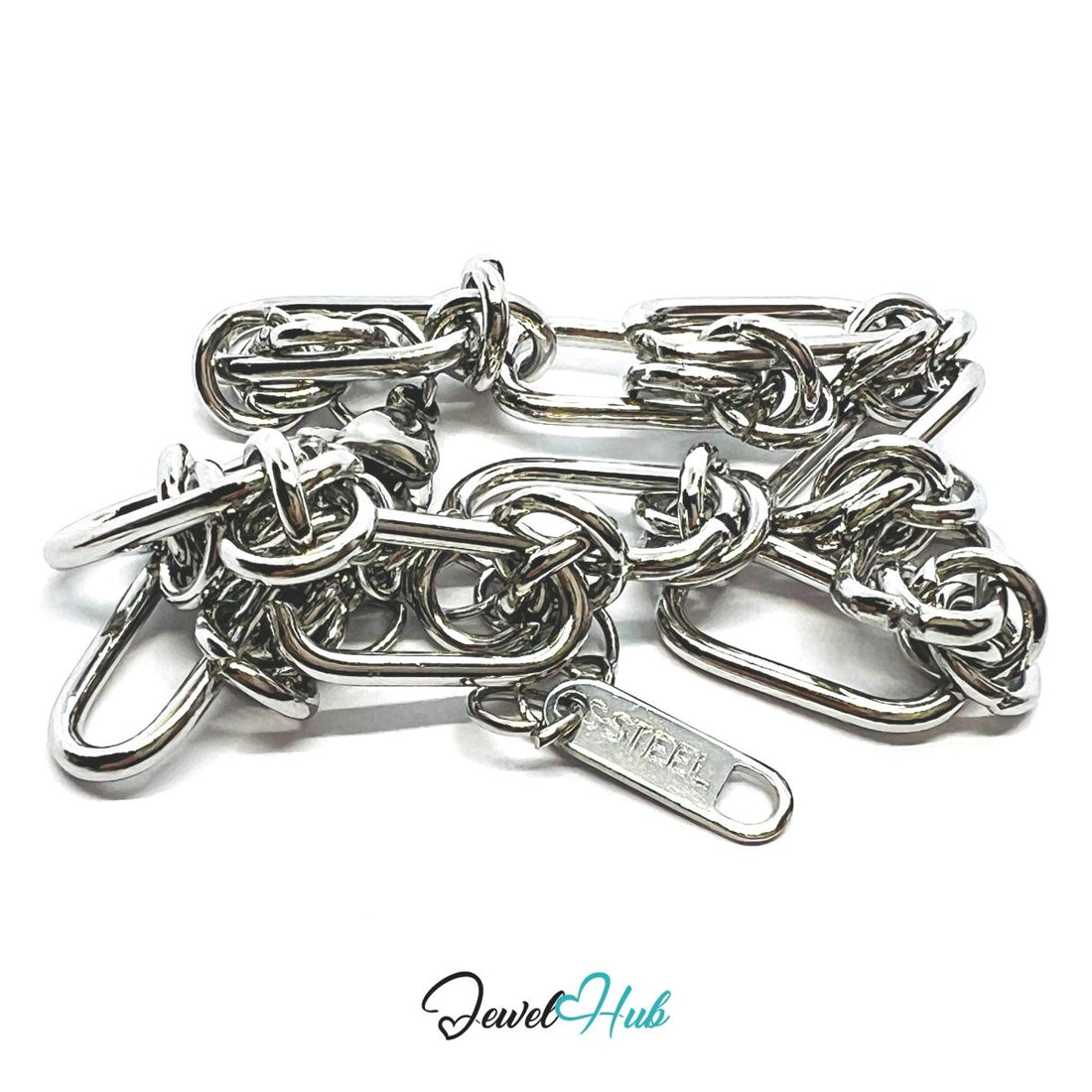 Silver 316L Stainless Steel Paper Clip Knot Bracelet – 7mm Bold Modern Chain - JewelHub.co.uk