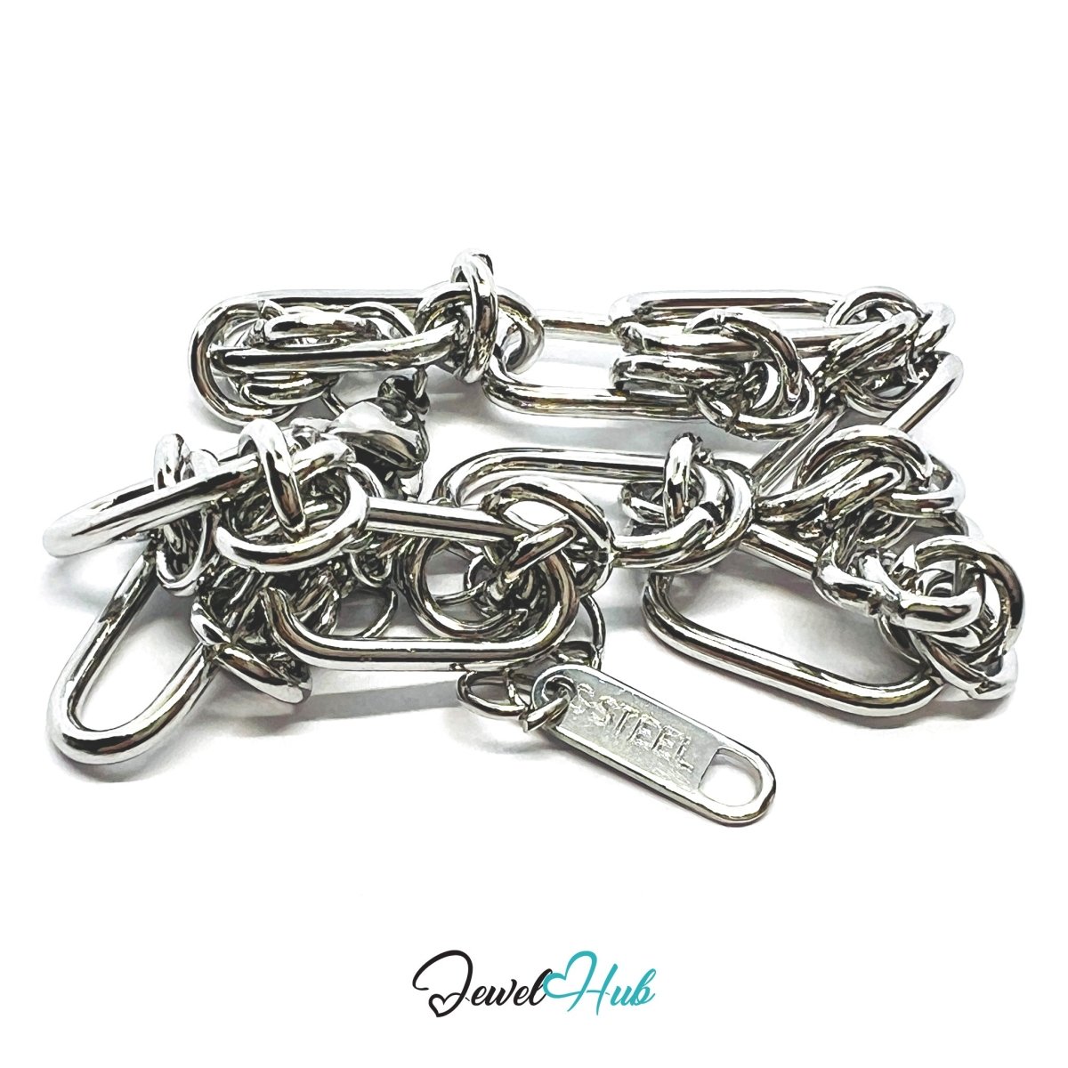 Silver 316L Stainless Steel Paper Clip Knot Bracelet – 7mm Bold Modern Chain - JewelHub.co.uk