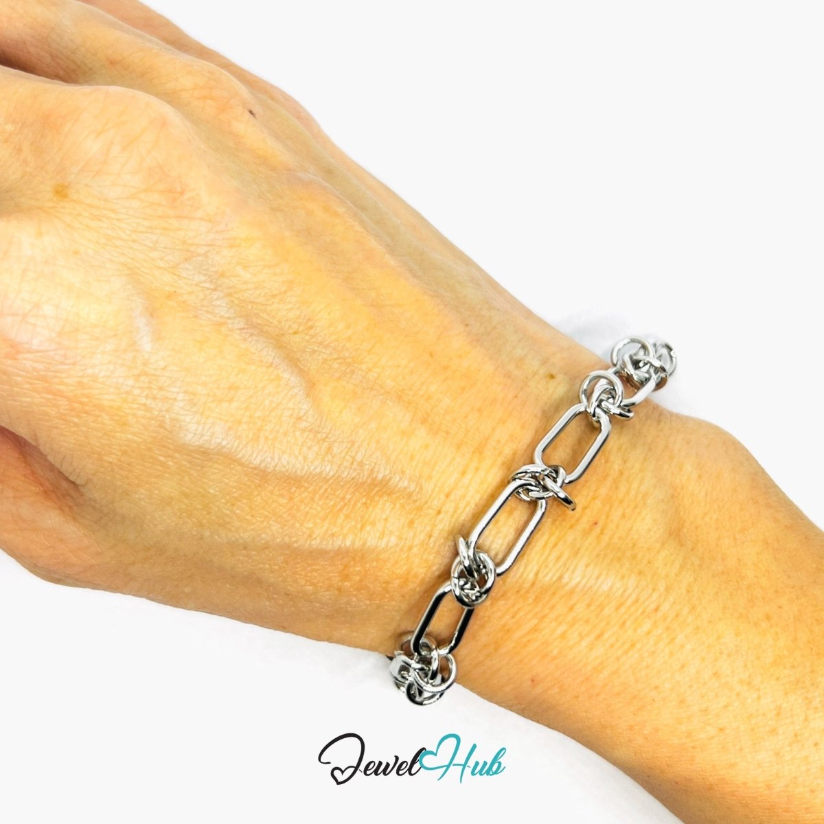 Silver 316L Stainless Steel Paper Clip Knot Bracelet – 7mm Bold Modern Chain - JewelHub.co.uk
