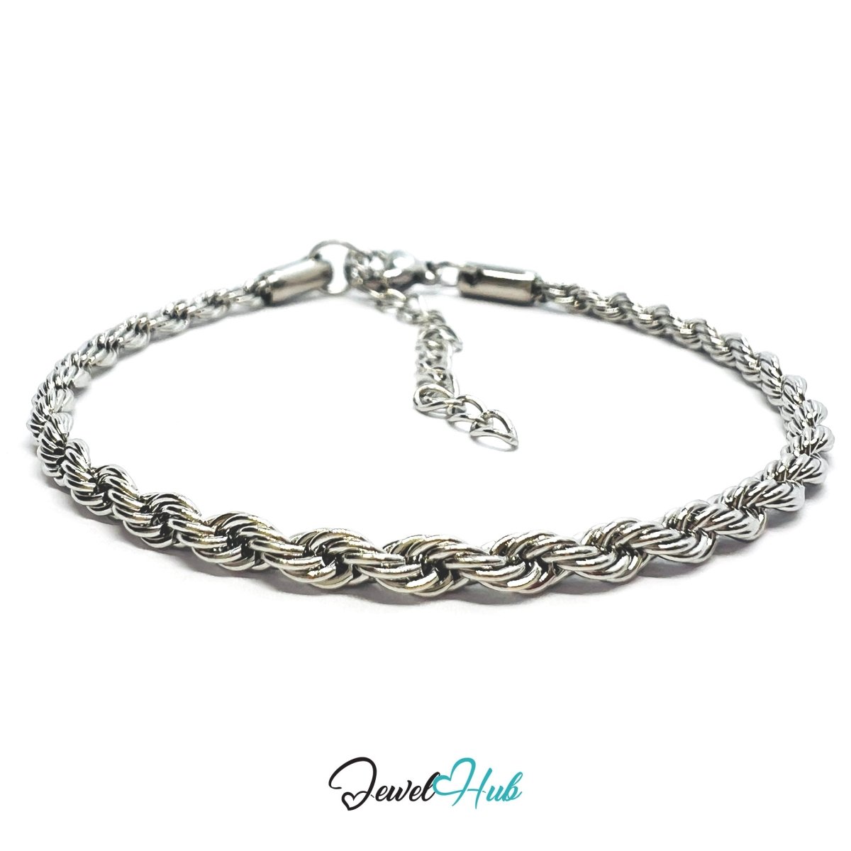 Silver 316L Stainless Steel Twisting Rope Bracelet – 1.7mm Delicate Textured Chain - JewelHub.co.uk