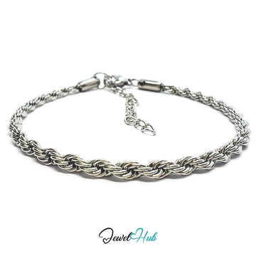 Silver 316L Stainless Steel Twisting Rope Bracelet – 1.7mm Delicate Textured Chain - JewelHub.co.uk