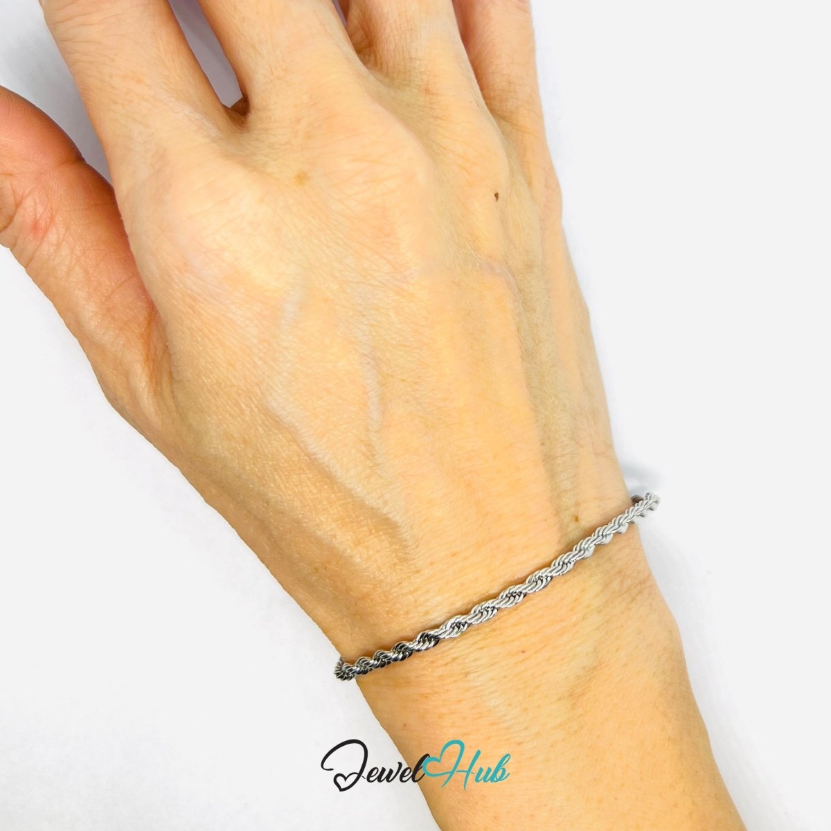Silver 316L Stainless Steel Twisting Rope Bracelet – 1.7mm Delicate Textured Chain - JewelHub.co.uk