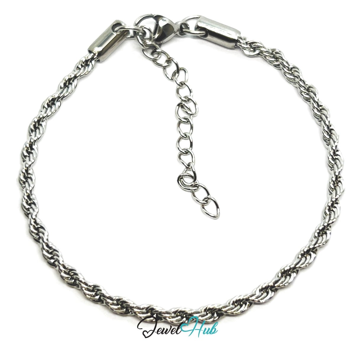 Silver 316L Stainless Steel Twisting Rope Bracelet – 1.7mm Delicate Textured Chain - JewelHub.co.uk
