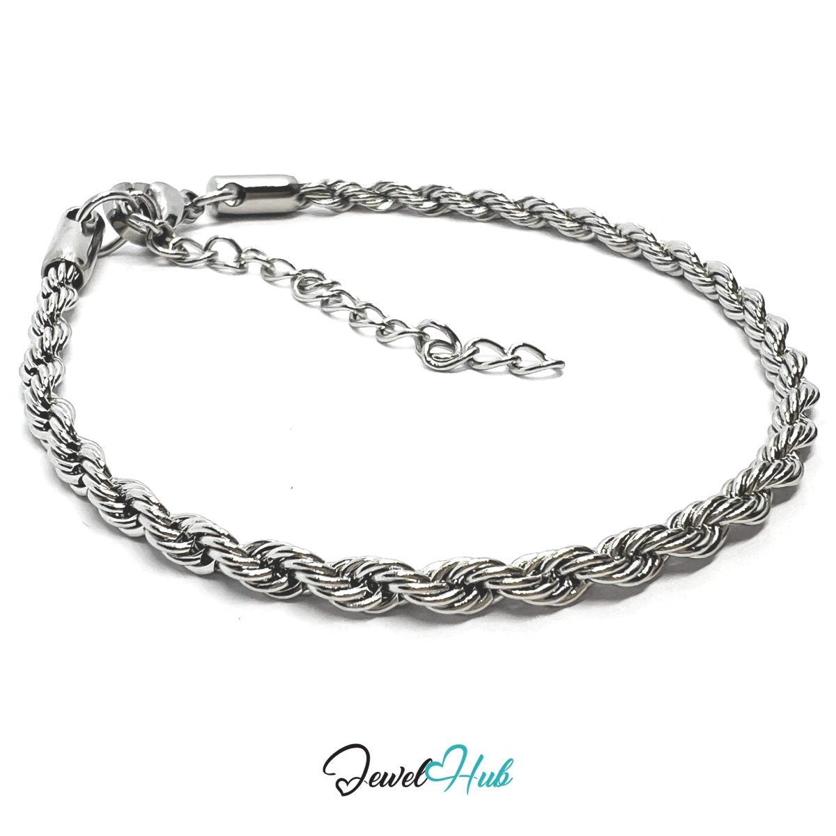 Silver 316L Stainless Steel Twisting Rope Bracelet – 1.7mm Delicate Textured Chain - JewelHub.co.uk