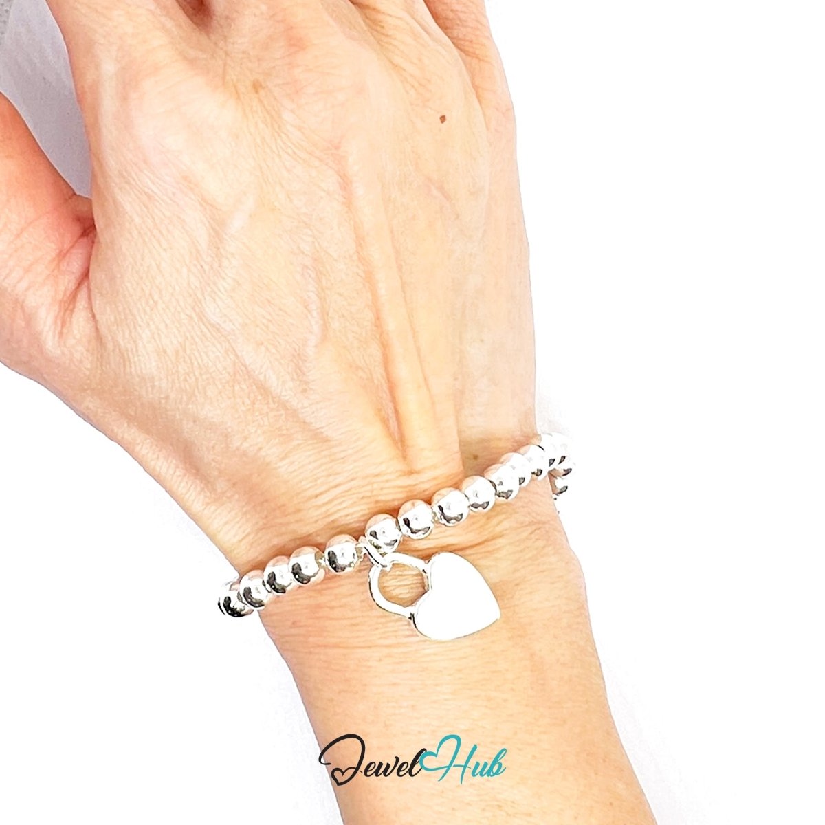 Silver Beaded 925 Sterling Heart Charm Bracelet – Adjustable - JewelHub.co.uk
