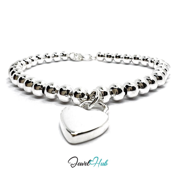 Silver Beaded 925 Sterling Heart Charm Bracelet – Adjustable - JewelHub.co.uk
