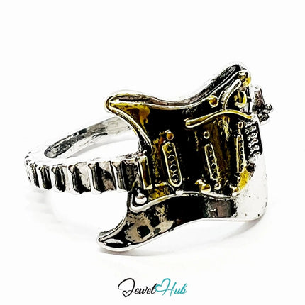 Silver Guitar Ring – Fixed Size Q | 2.80g Sculptural Music Symbol in Gold - Accented Punk Form - JewelHub.co.uk
