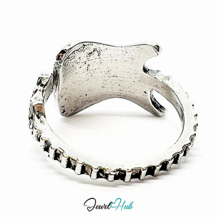 Silver Guitar Ring – Fixed Size Q | 2.80g Sculptural Music Symbol in Gold - Accented Punk Form - JewelHub.co.uk