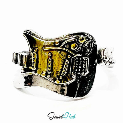 Silver Guitar Ring – Fixed Size Q | 2.80g Sculptural Music Symbol in Gold - Accented Punk Form - JewelHub.co.uk