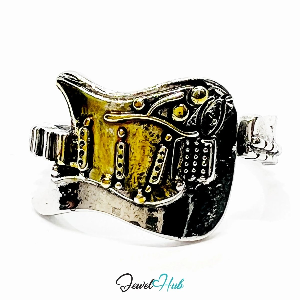 Silver Guitar Ring – Fixed Size Q | 2.80g Sculptural Music Symbol in Gold - Accented Punk Form - JewelHub.co.uk