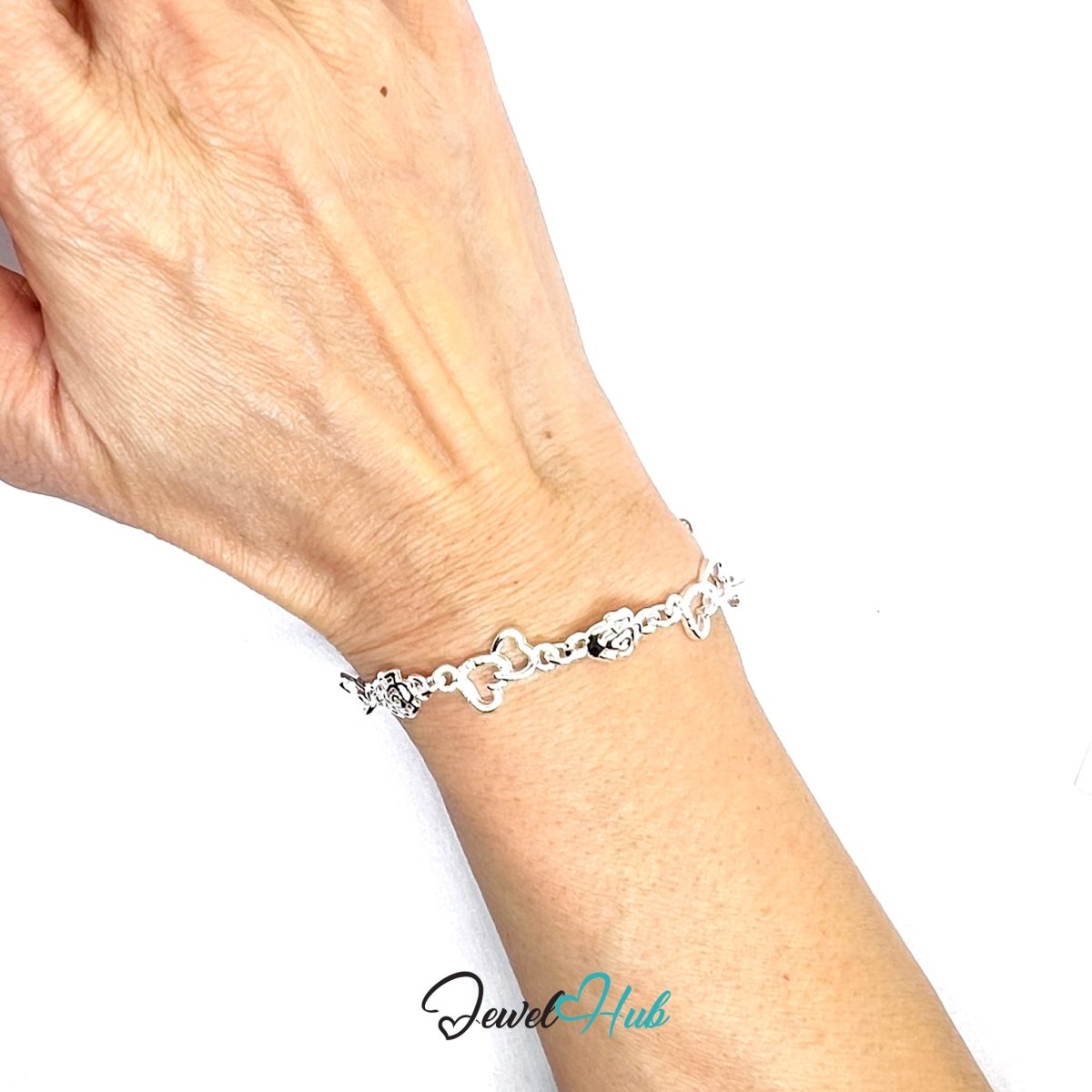 Silver Heart - Rose 925 Sterling Charm Bracelet – Adjustable - JewelHub.co.uk