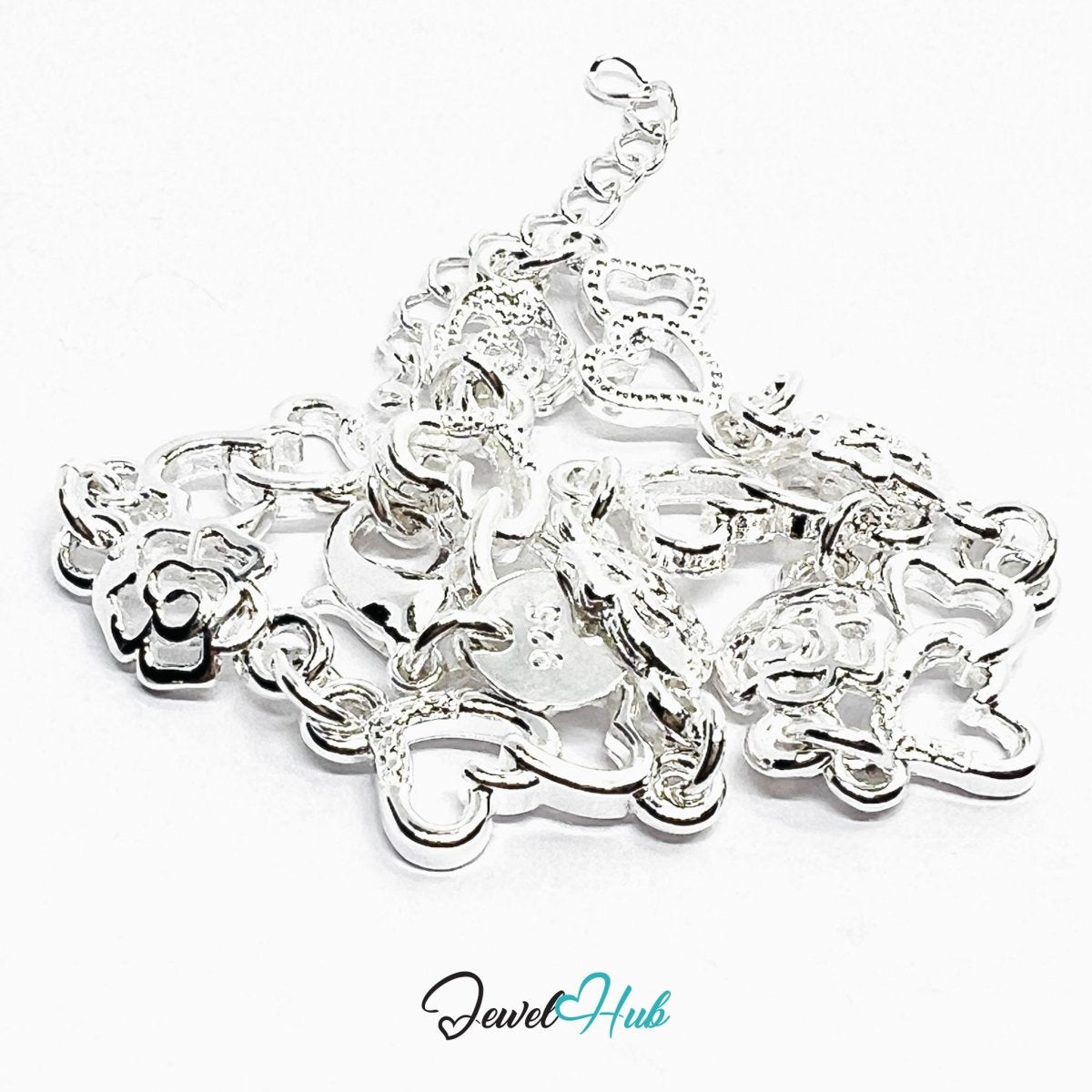 Silver Heart - Rose 925 Sterling Charm Bracelet – Adjustable - JewelHub.co.uk