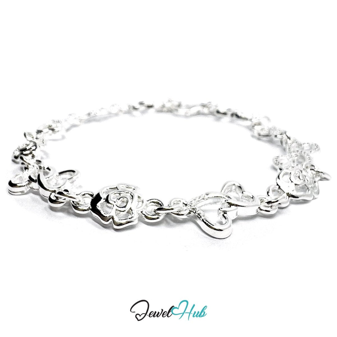 Silver Heart - Rose 925 Sterling Charm Bracelet – Adjustable - JewelHub.co.uk