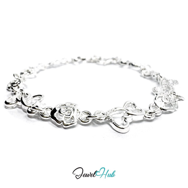 Silver Heart - Rose 925 Sterling Charm Bracelet – Adjustable - JewelHub.co.uk