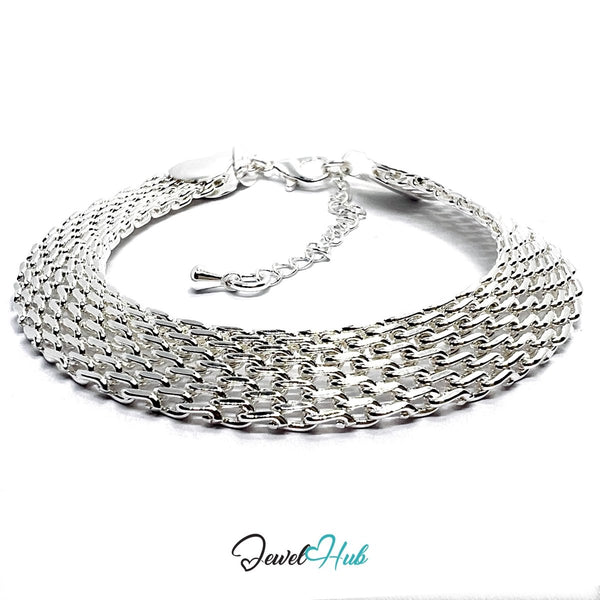 Silver Mesh - Link 925 Sterling Wide Chain Bracelet – Adjustable - JewelHub.co.uk