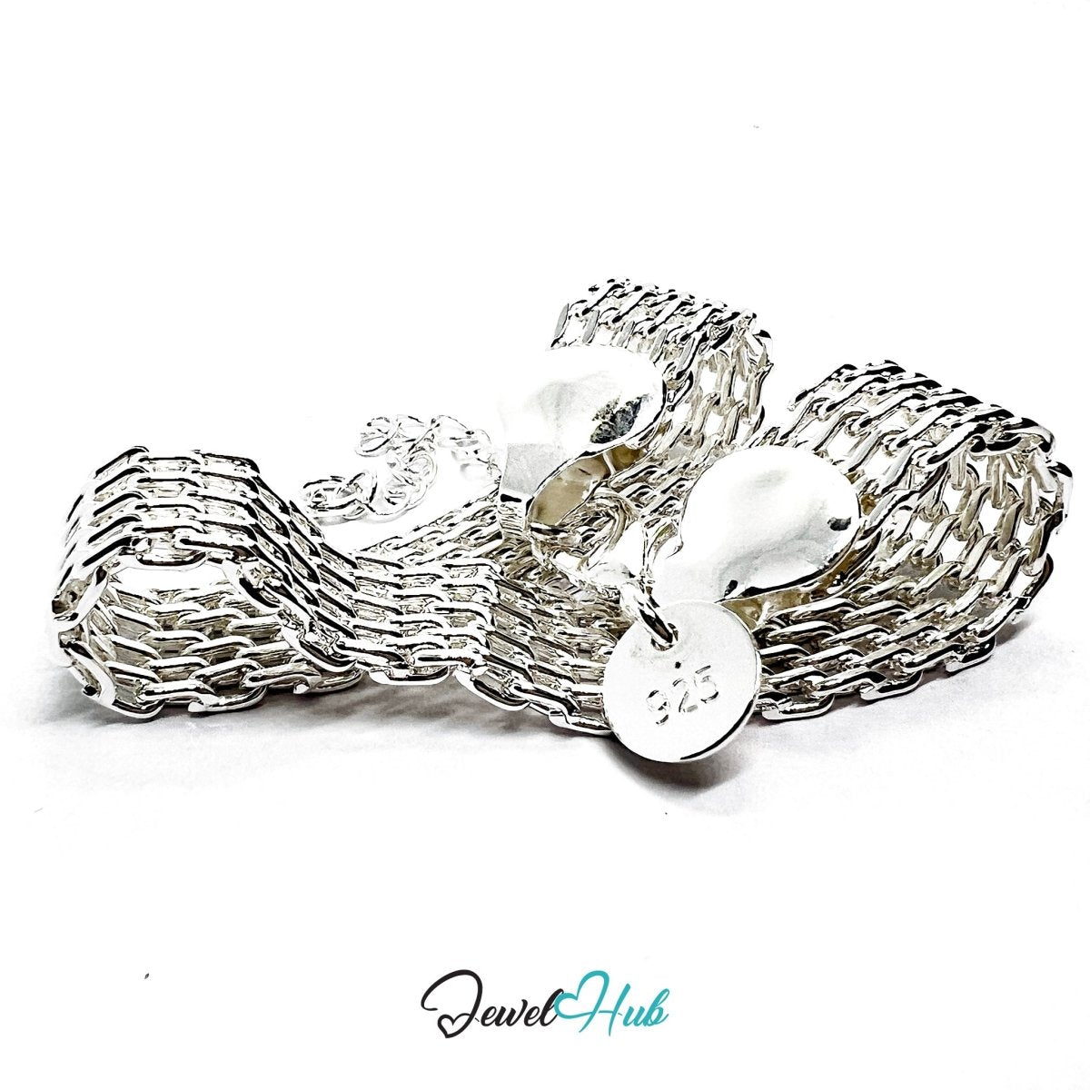 Silver Mesh - Link 925 Sterling Wide Chain Bracelet – Adjustable - JewelHub.co.uk