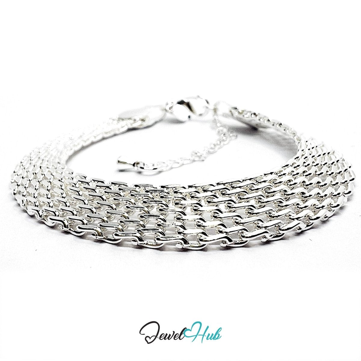 Silver Mesh - Link 925 Sterling Wide Chain Bracelet – Adjustable - JewelHub.co.uk